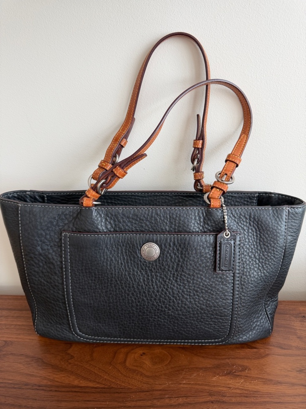 Vintage Coach Black Pebbled Leather Chelsea Tote with Tan Straps C05S-8E97